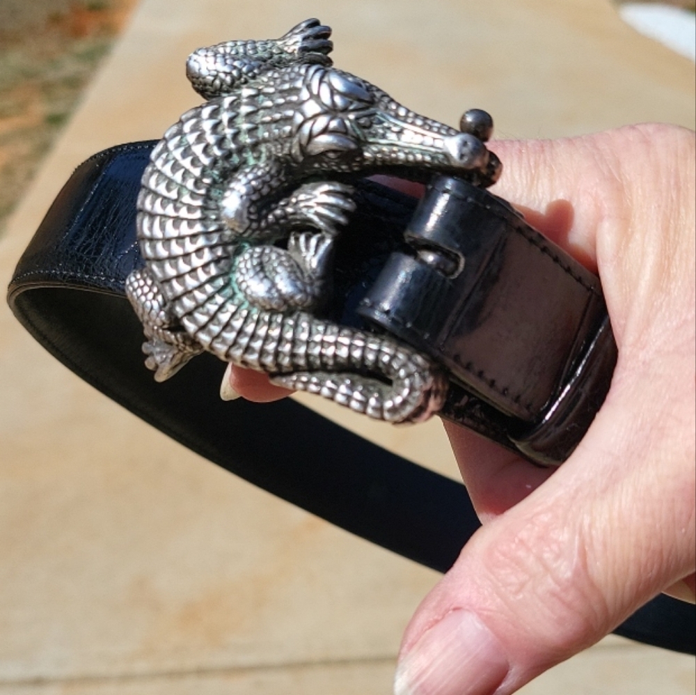 RARE! Barry Kieselstein-Cord Art SS Alligator Buckle & Belt Black Sz 38 Unisex